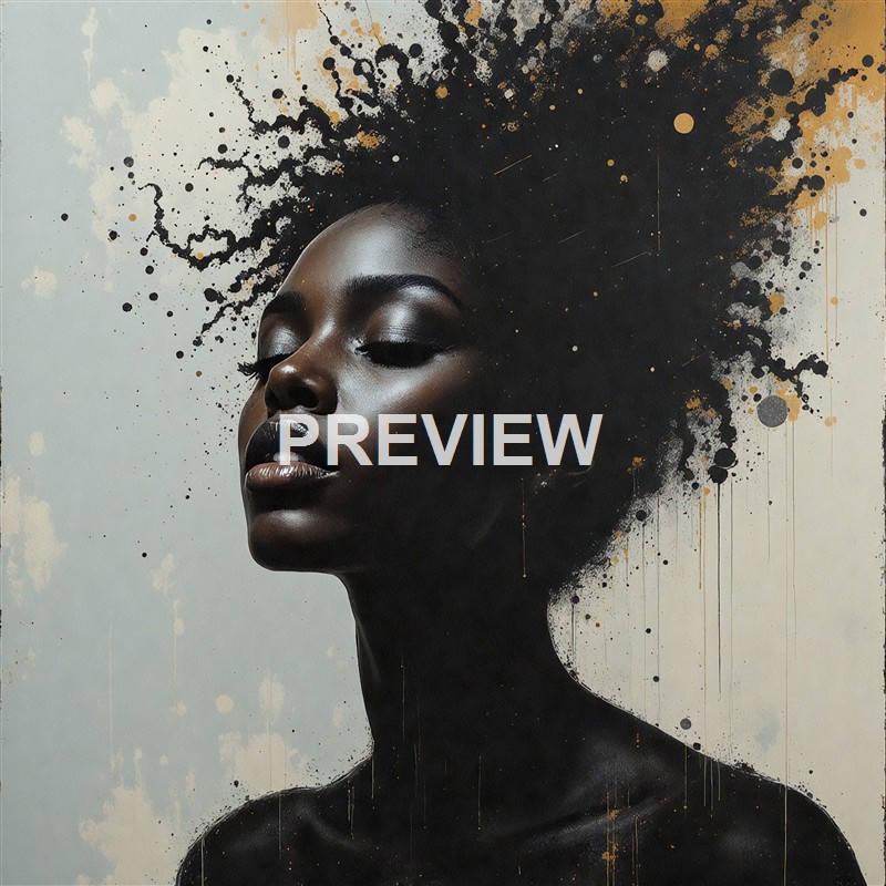 A portrait of a woman with dark skin and closed eyes, featuring an artistic splash of black and gold paint resembling hair around her head.
